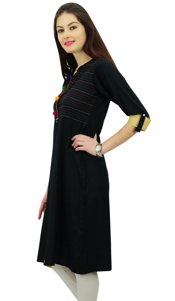 Phagun Womens Indian Ethnic Rayon Black Kurti Tunic Designer Pom - Pom Kurta -