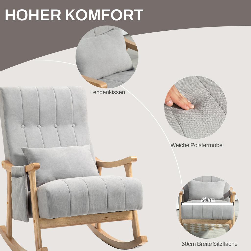 Rocking Chair with Lumbar Cushion, Wide Seat, Rubberwood Frame, Up to 120 kg, Gray