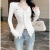 Pure desire style design, rough edge V-neck sweater women's clothing, autumn and winter new slim and thin niche cardigan top