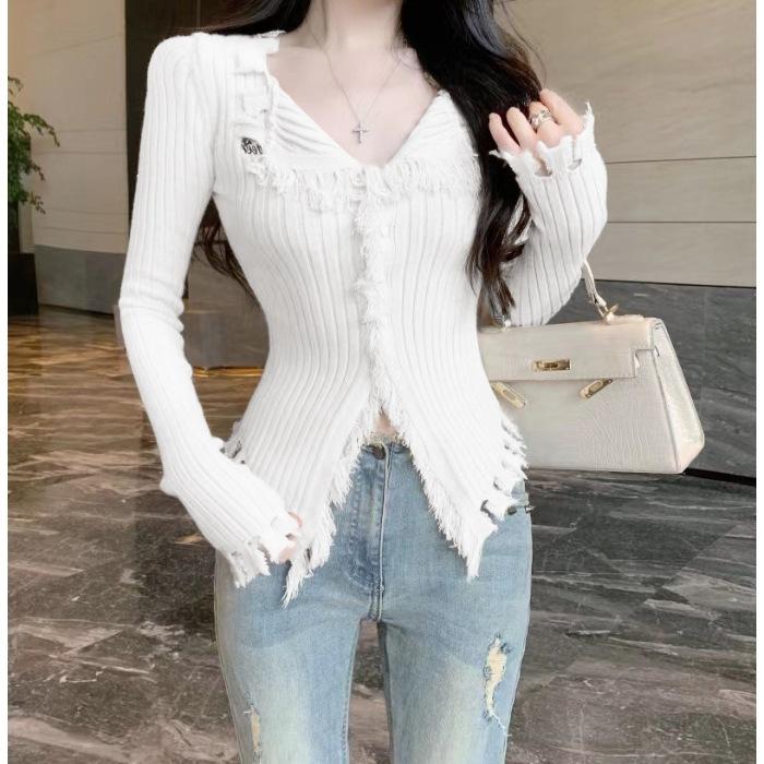 Pure desire style design, rough edge V-neck sweater women's clothing, autumn and winter new slim and thin niche cardigan top