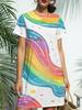 Women'S New Crew Neck Short Sleeve T-Shirt Dress. American Trend Digital Print. Casual ; Versatile for Spring And Summer. Elegant And Chic Womn' Dre