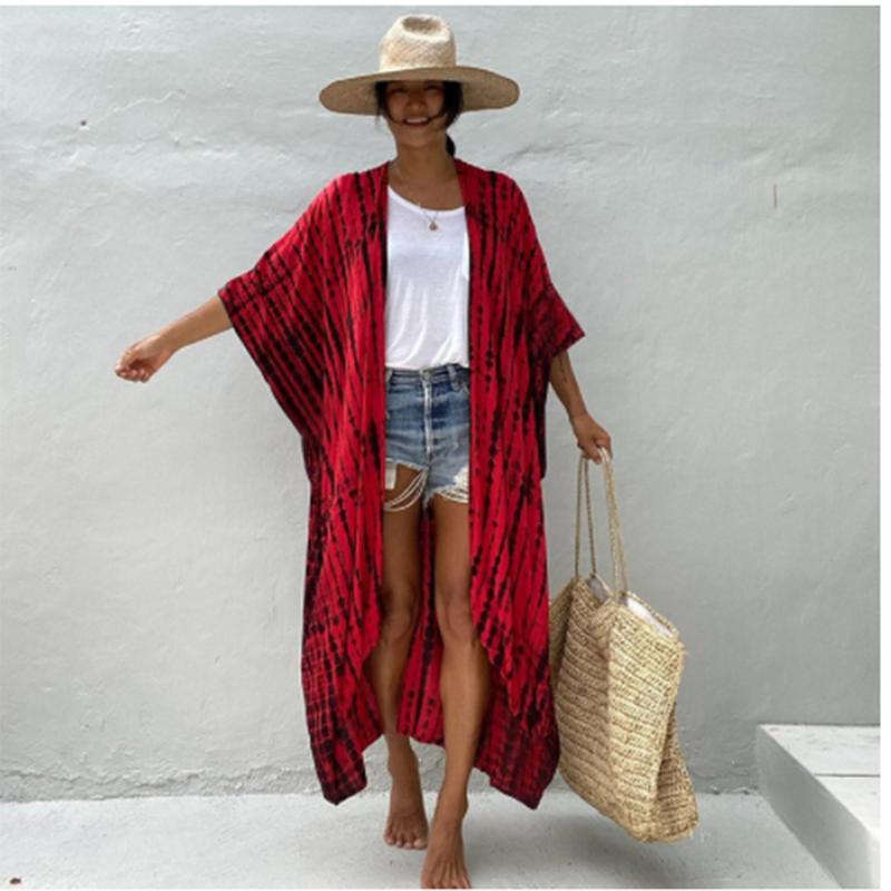 Bikini Cover Up Damen Batikmuster Strand Kimono Badeanzug Cape Sommer Wickelkleid mit Gürtel Urlaubsbadeanzug