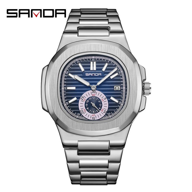 SANDA Men s Fashionable Octagonal Quartz Watch, Single Calendar, Waterproof, Luminous, Stainless Steel Band