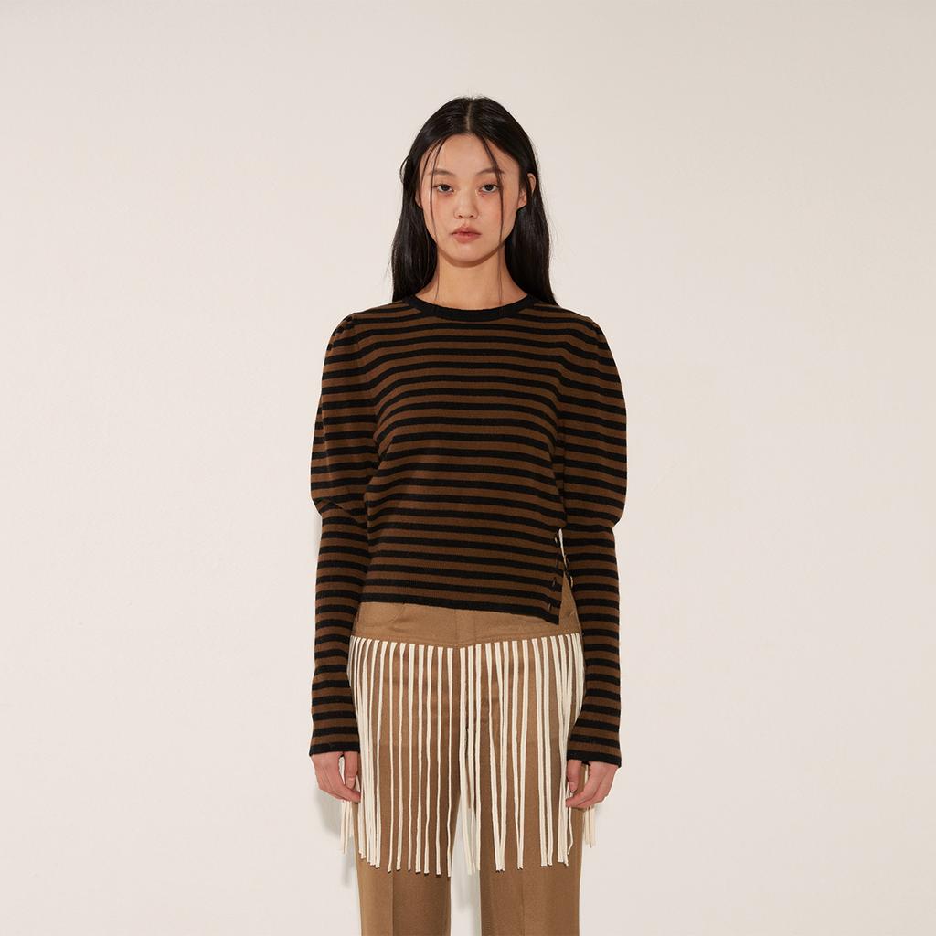 Soltipebeul Stripe Puff Knit Top [Brown]