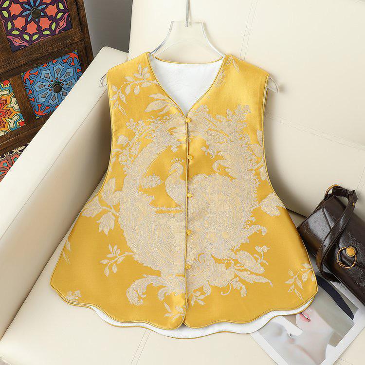 

Double-Sided Phoenix Chinese Brocade Jacquard Embroidered Round Neck Vest 4XL 140-155 cm жёлтый