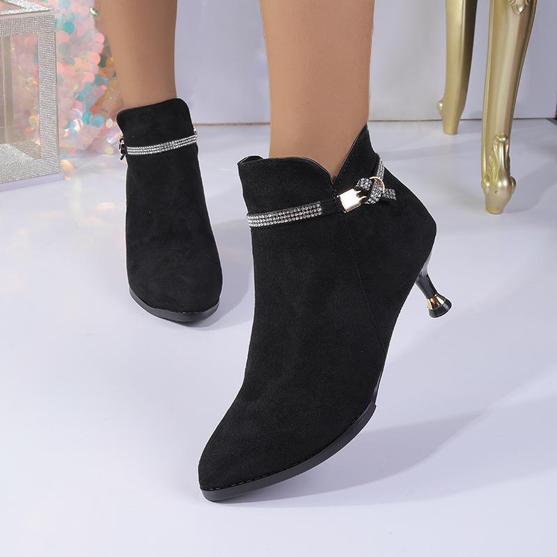 New thin-heeled mid-heeled pointed fleece boots and bare boots in autumn and winter, short tube, solid color high heel.