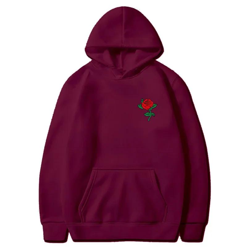 Autumn New Hip Hop Streetwear Fashion Hoody Rose Printed Fleece Pullover Casual Mens Women Hoodies Sweatshirts