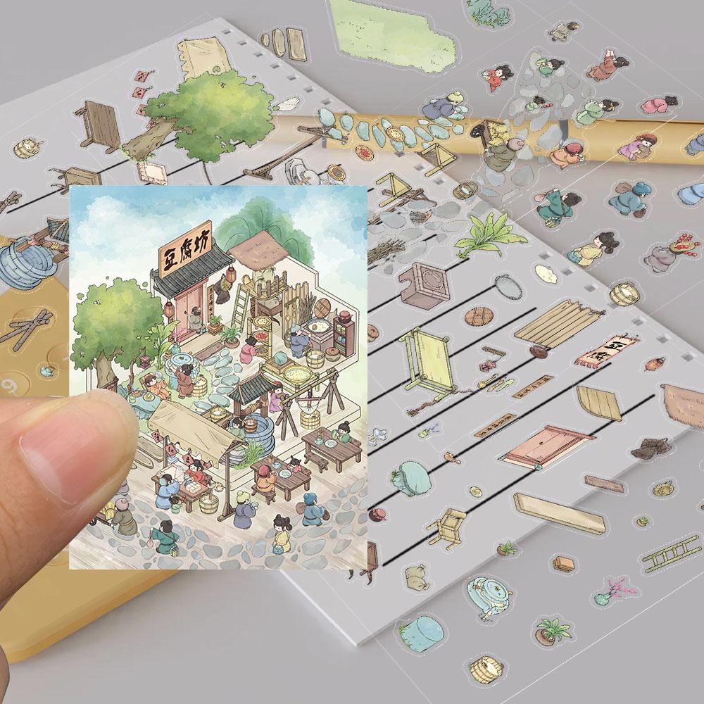 4PCS Tofu Workshop Sticker Waterproof Stationery Scrapbooking Landscape DIY Luggage Bicycle Laptop Stationery Wall Decals