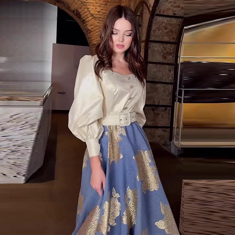 Dámská podzimní evropská a americká jednobarevná halenka a potištěná midi sukně, dvoudílný set