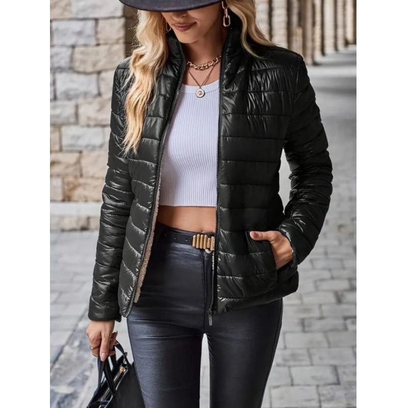 

Women Solid Color Slim Short Pockets Jacket Korean Style Warm Stand Collar Casual Jackets XXS чёрный