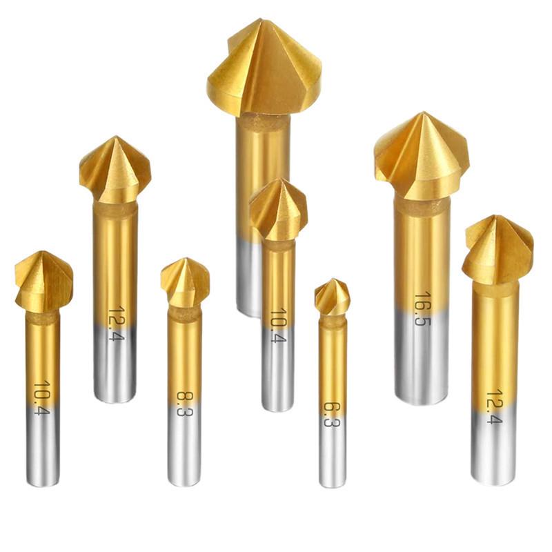 6-Piece Titanium-Plated 90° Countersink Drill Bit Set, Three-Flute, High-Speed Steel 4241
