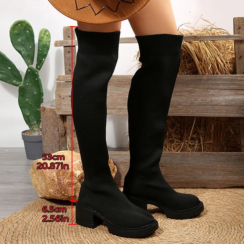 Fashion Plus Size Elastic Knitted Over The Knee Boots Women Slip On Chunky Heel Long Botas Mujer 2025 Spring Autumn Thigh High Boots