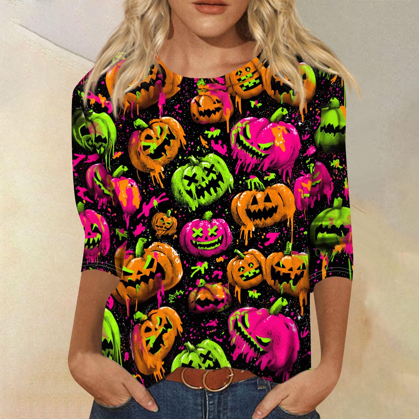 

Women Halloween Pumpkin Print 3/4 Sleeve Shirt Round Neck Loose Fit Casual T-Shirt Top for Fall Seasonal Wear S