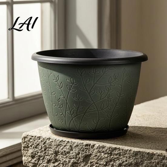 Planter Pots for Home Decor 12 Inch Thickened Flower Outdoor Indoor Plastic Leaf-Pattern Texture Deep Containers Flowers with Drainage Hole & Saucer,
