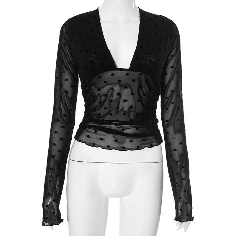 European Autumn/Winter Deep V-Neck Lace-Up Backless Polka Dot Lace See-Through Patchwork Women s Top Medium