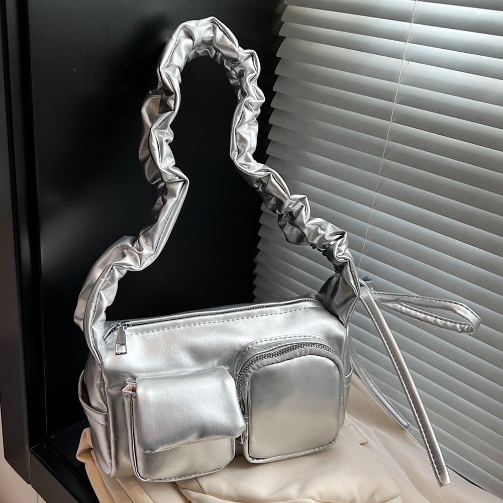 

Female Casual Shoulder Bag Large Capacity Solid Color Shoulder Bag Ruched Crossbody Bag Travel Shopping Date Bag срібний