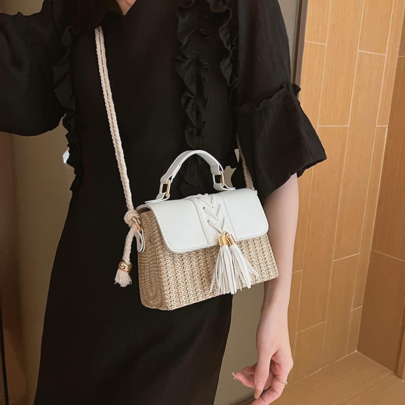Straw Beach Bag For Women  Summer New Luxury Designer Handbags Hit Color Tassels Shoulder Crossbody Box Bag