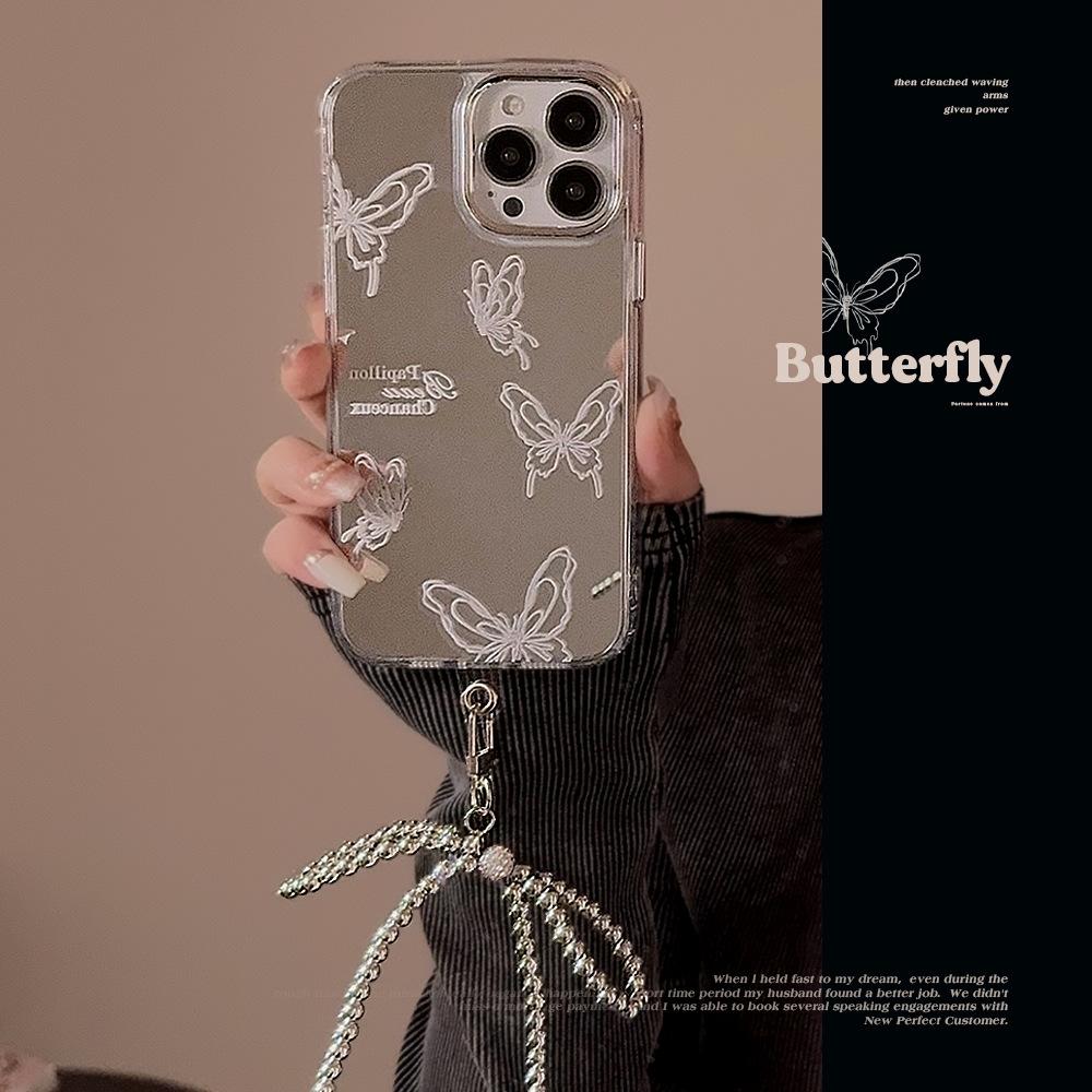Mirror Applicable Apple 15pro Mobile Phone Case Max High End Butterfly IPhone 16 Temperament 13 Anti Fall 11 Hanging Chain