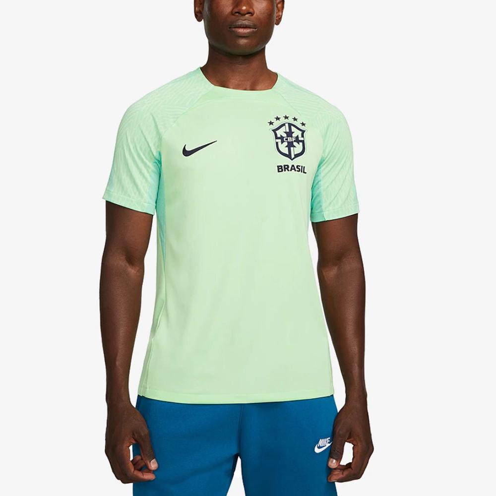 Nike Dri-Fit Strike Brazil National Team Soccer Training Series Logo Print Striped Crew Neck Short Sleeve T-Shirt Men Tops Light-Green DH6441-390