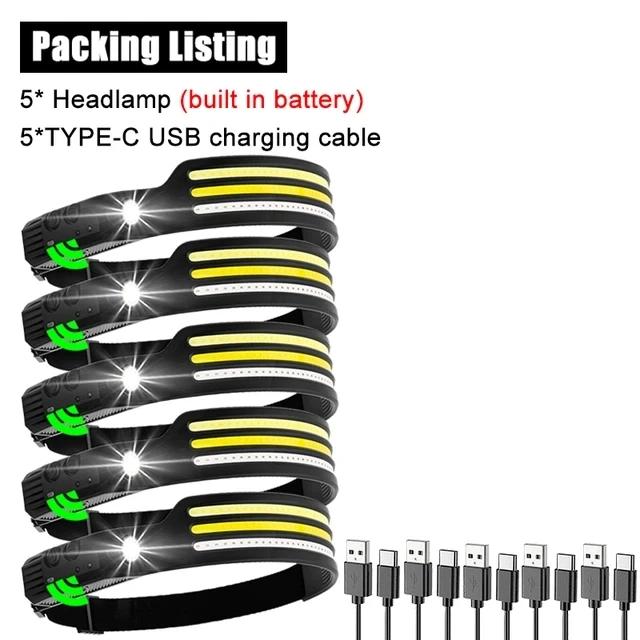 Sensor Headlamp COB LED Head Lamp Flashlight USB Rechargeable Head Torch 5 Lighting Modes Head Light with Built-in Battery