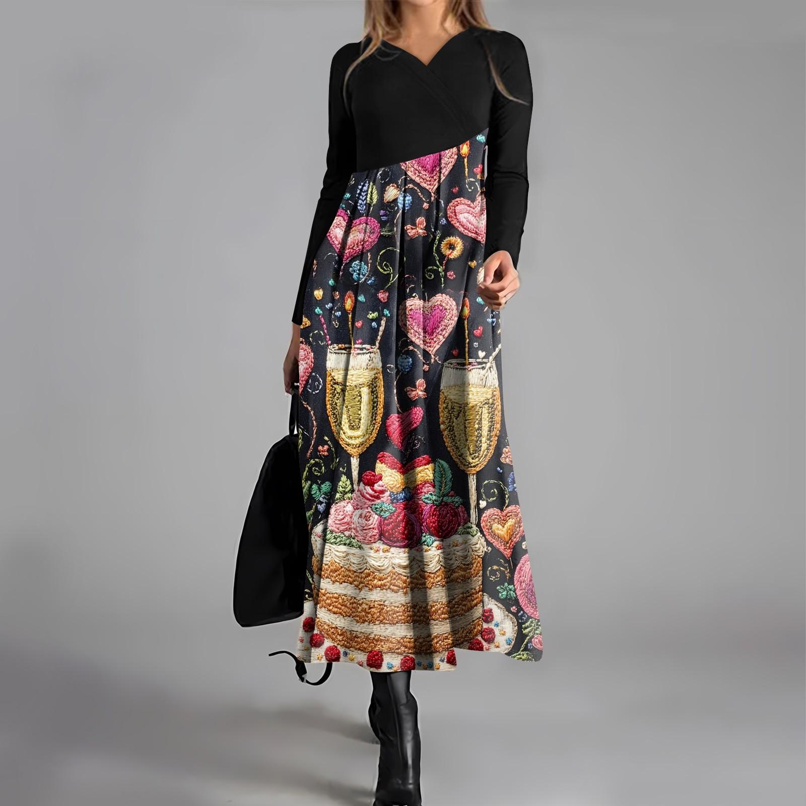 

Женское модное повседневное платье свободного покроя с V-образным вырезом, длинными рукавами, цветочным принтом и карманом на талии XXL розовый