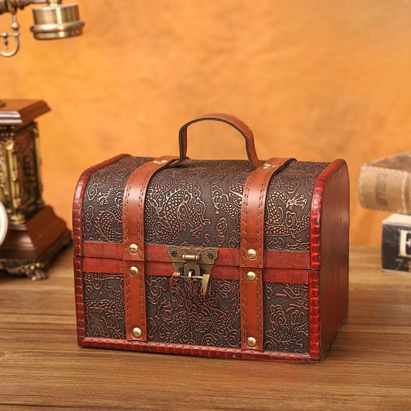 Retro Dragon Pattern Wooden Storage Box With Metal Lock For Storage Desktop