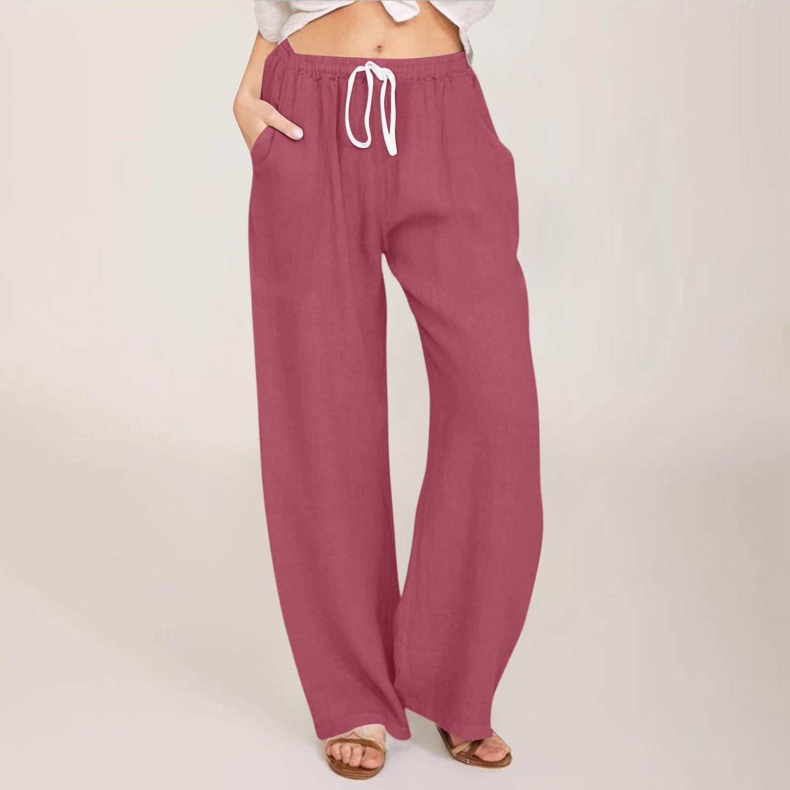 

Женские летние свободные брюки из хлопка и льна с эластичным поясом и внешним карманом XL винный