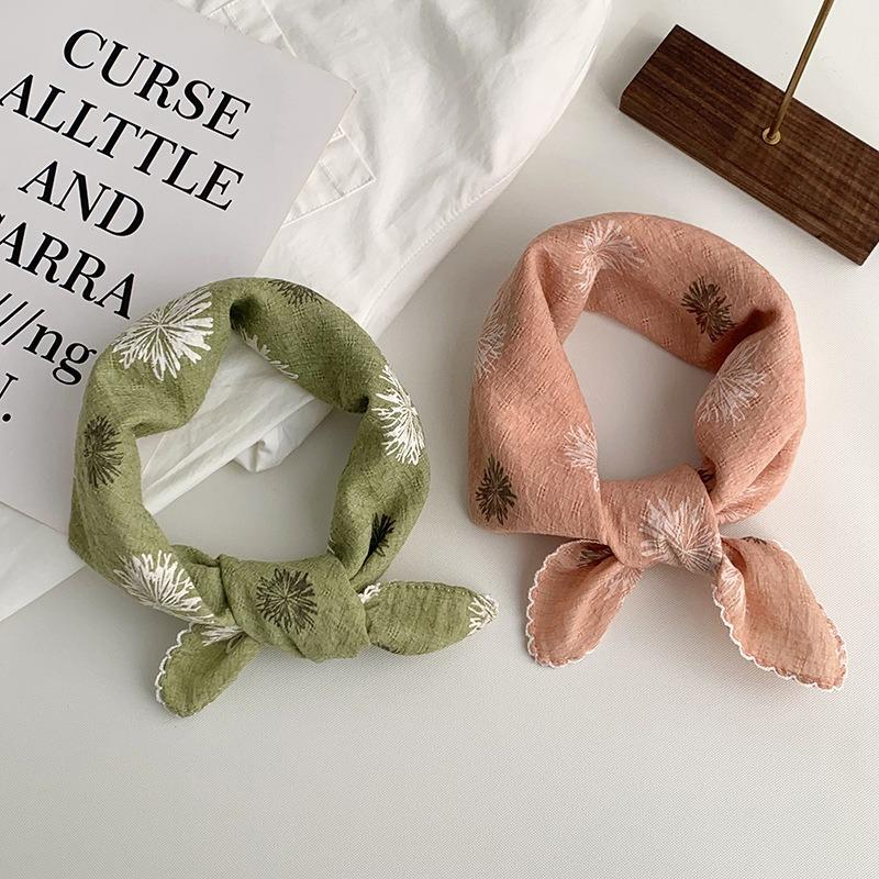 Cotton and linen silk scarf neck small square scarf summer retro literary floral decoration neck protection small scarf scarf headscarf headband