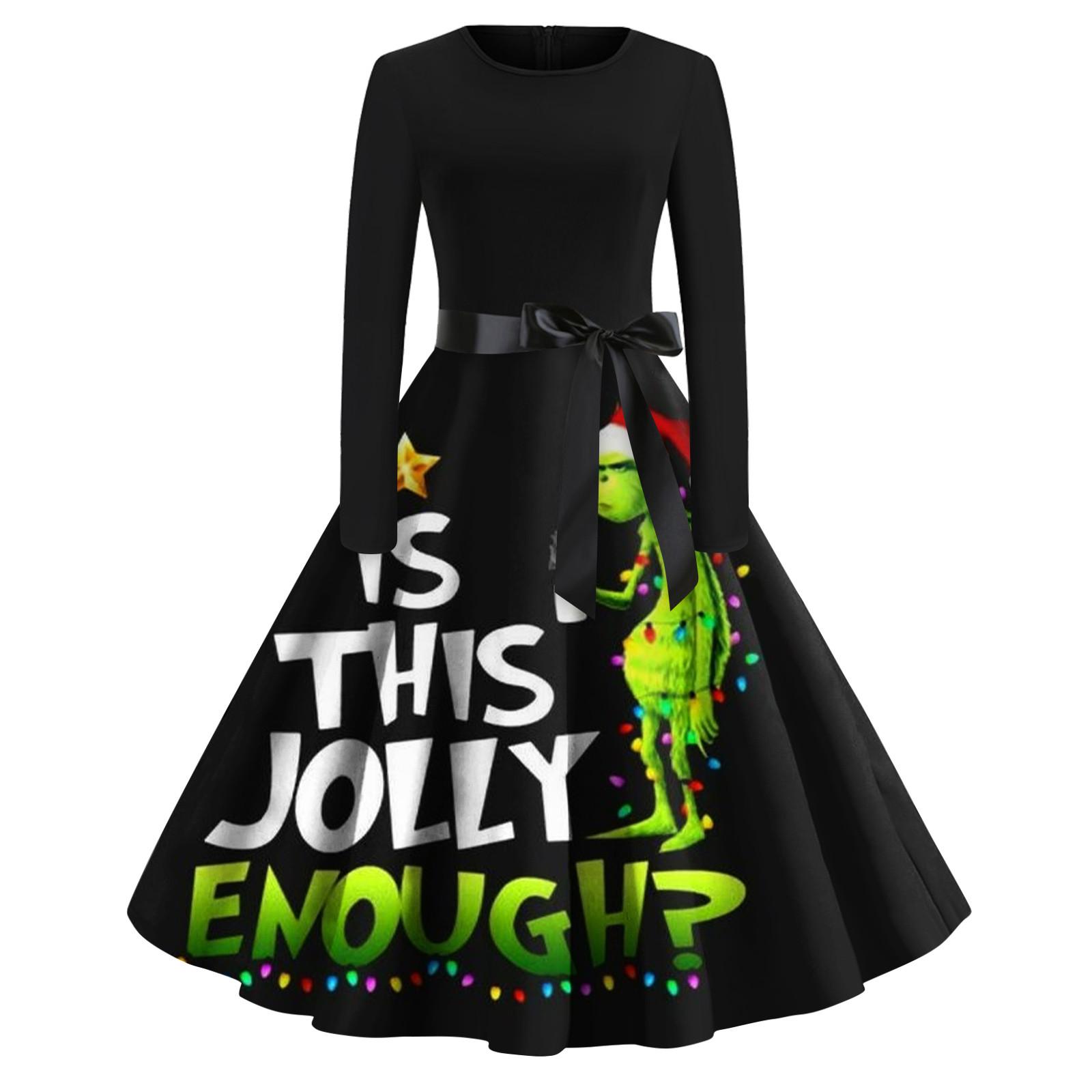 

Women s Christmas Print Flare Dress For Women Long Sleeve Dress Party Casual Dresses M чёрный