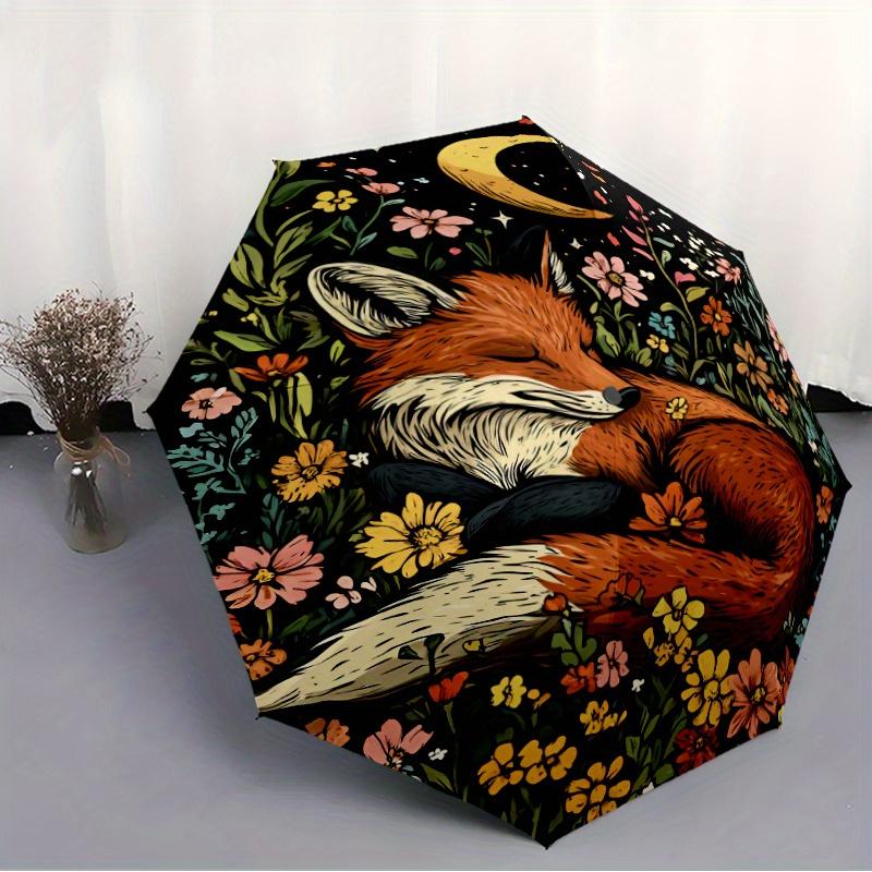 1pc Automatic Open/Close Umbrella with Fox In Flowers Moon Night Design - Auto Umbrella with 8-Rib Sturdy Frame, Compact Trave