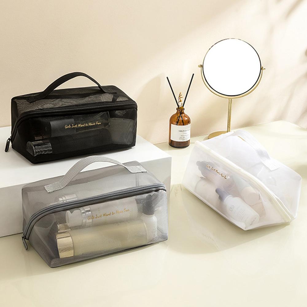 Woman Mesh Makeup Bag Protable Travel Storage Tote Bag Large Capacity Zipper Pouches Transparent Shower Bag With Handle