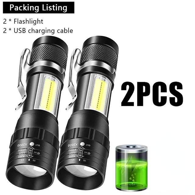 USB Rechargeable Mini Flashlight COB+XPE Portable Built-in Battery Zoomable Small Torch 3 Mode Camping Emergency Flashlights
