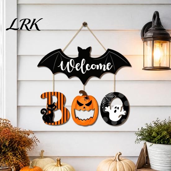 Wooden Boo Welcome Plaque Halloween BOO Door Sign, Spooky Bat Hanging Ghost Pumpkin Creative Holiday Hanger Black Cat Ornaments for Front Window Party