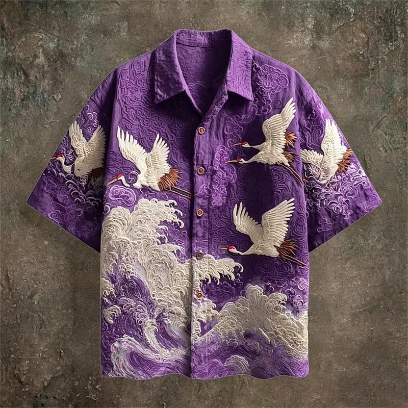New Dark Green Embossed Dark Pattern Fabric with Flying Crane and Wave Printing for Men's Casual Short Sleeved Shirt