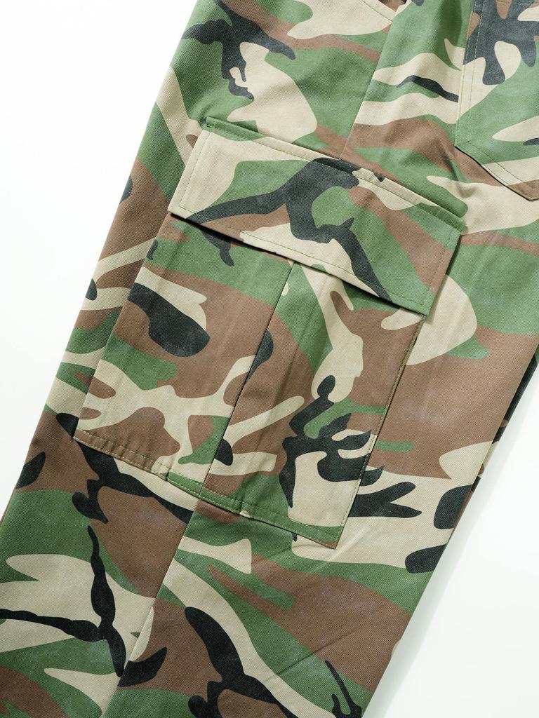 European-American Retro Women's High Waist Camouflage Cargo Pants with Wide Legs and Turn-Up Pockets - Style 8115