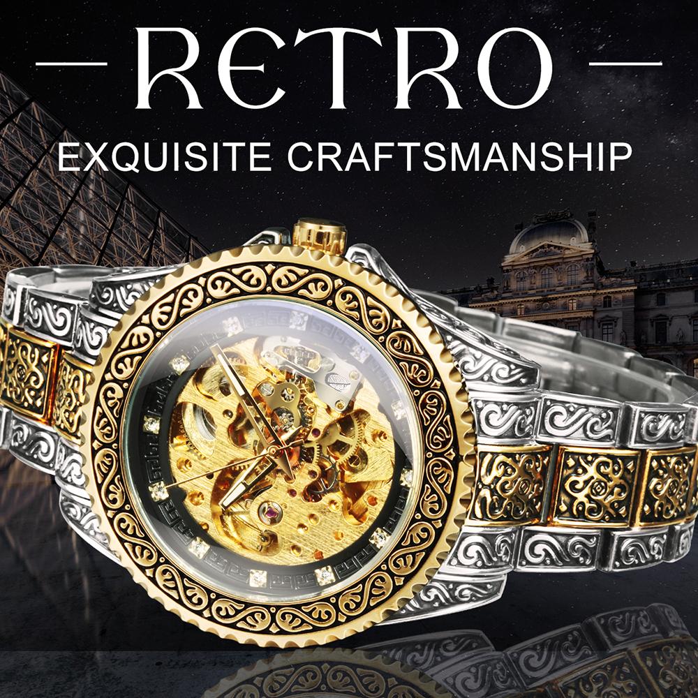 WINNER Vintage Engraved Skeleton Mechanical Watch for Men Rotating Bezel Stainless Steel Strap Luminous Automatic Mens Watches