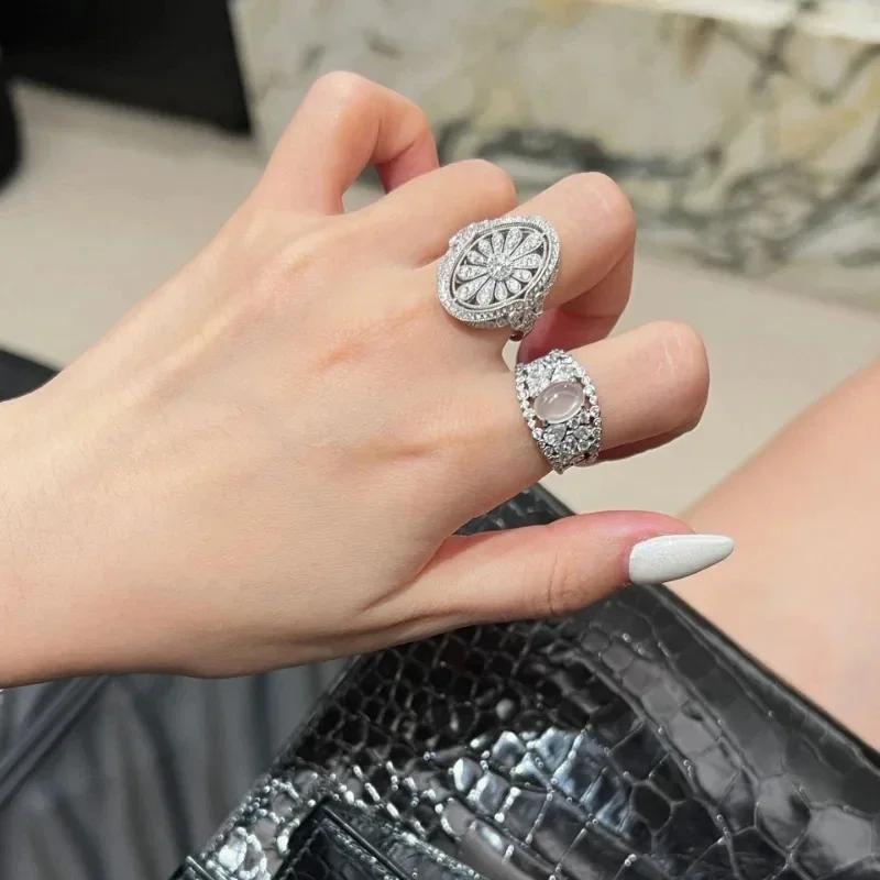 Chinese Style Natural Ice Chalcedony Rings for Women Light Luxury Simple Diamond Hollow Vintage Exquisite Jewelry