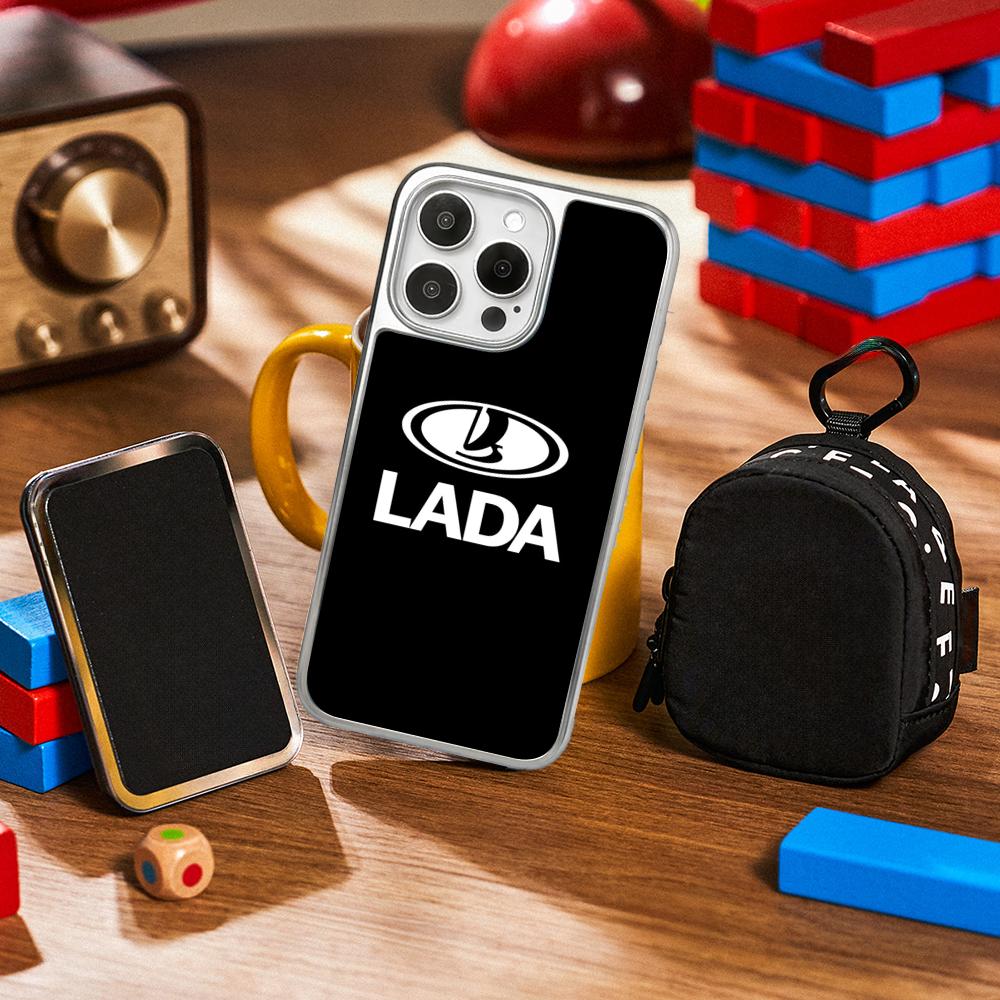 Cool Car L-la-Da Fashion Logo Design Phone Case for iPhone 16 15 14 13 12 11 Pro Max Sheepskin Silver-edged Protective Case