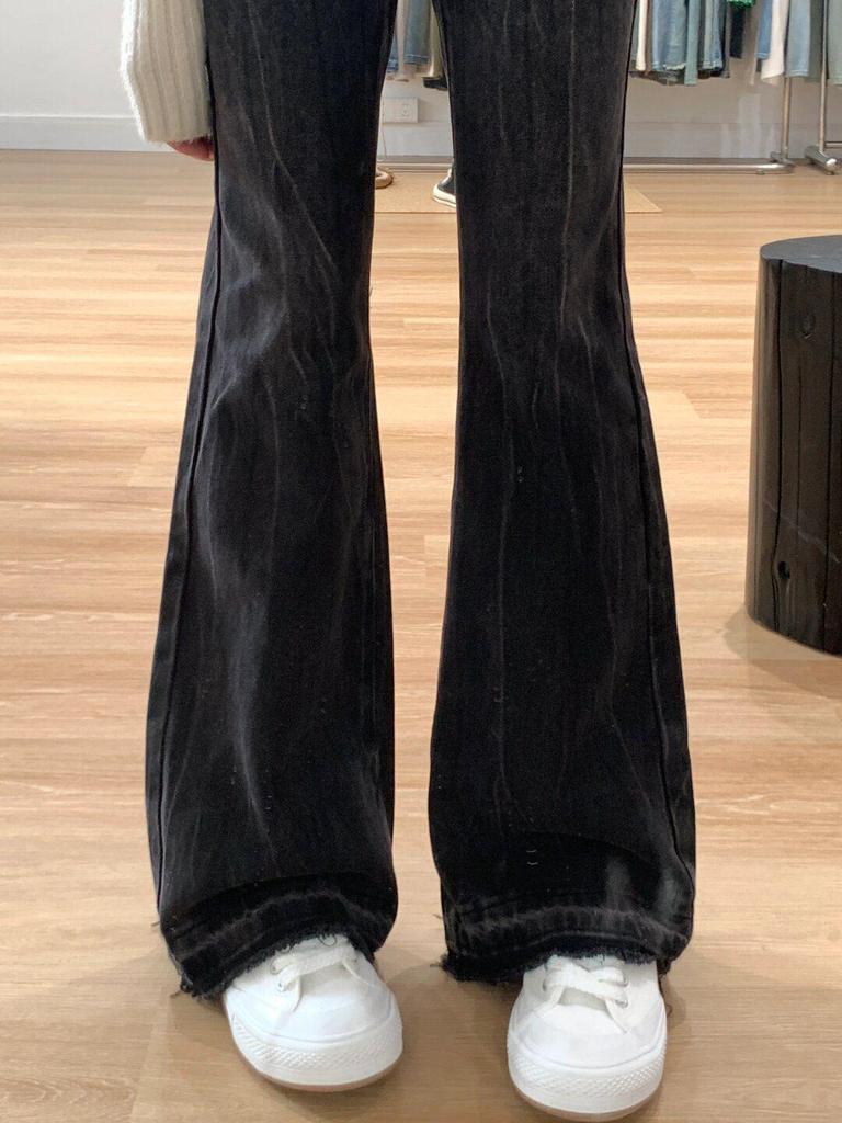 Damen Übergröße Schwarz-Graue Schlagjeans - Hohe Taille, Birnenform-Schlankmachend, Nicht Anliegend, Herbst/Winter