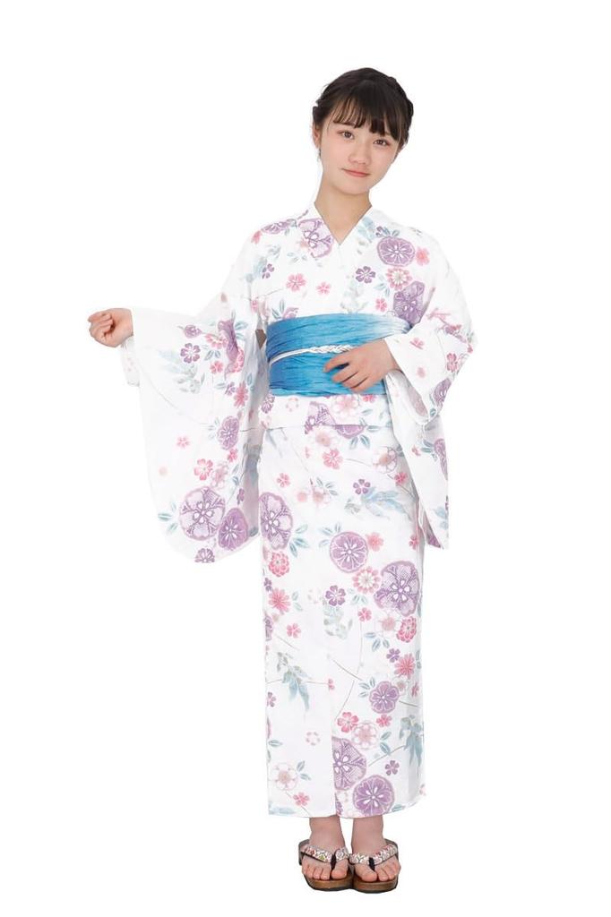 Kimono Hiroba Прекрасный набор юката с разными размерами и ретро- и современным белым с пастельным ю, детский, для девочек, 4 предмета, тканый, 130, 140, 150 см,