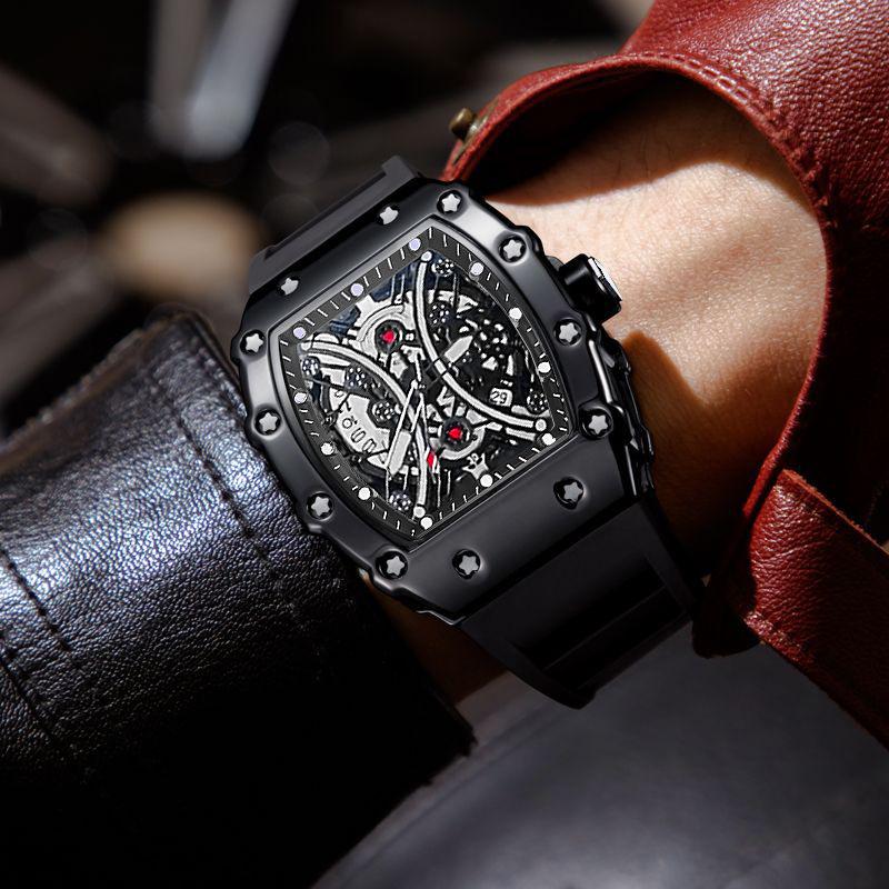 ZIDO Men's Luminous Waterproof Tonneau Quartz Skeleton Watch 1704