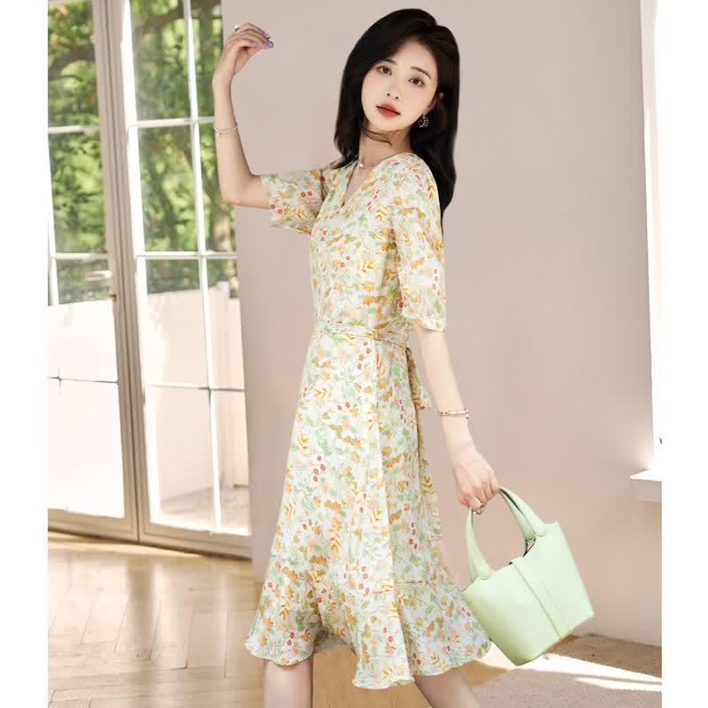 Gentle Sunset Floral Mulberry Silk V-Neck Dress M