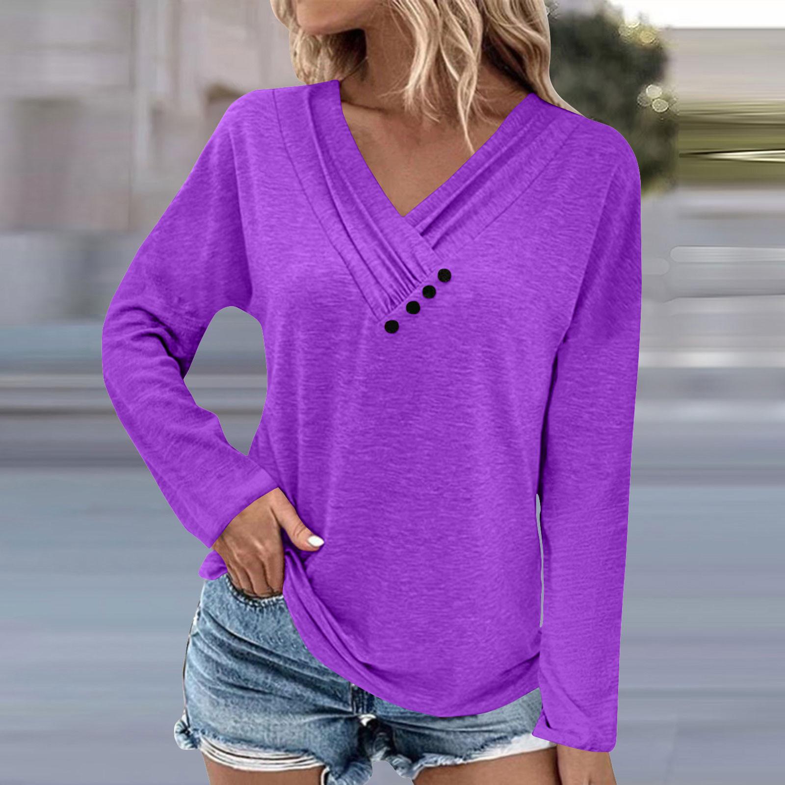 

Блузки с длинным рукавом для женщин, повседневная рубашка на пуговицах с v-образным вырезом, винтажная однотонная блузка с цветочным принтом, топы, свободная посадка, осенняя рубашка, топ S фиолетовый