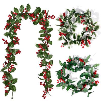 2M künstliche Stechpalmenblätter, rote Beeren, Weinrebe, Weihnachten, Rattan, DIY-Girlande, Weihnachtsbaum, hängende Ornamente, Heimdekoration, Kranz YSL
