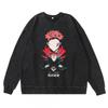Vintage Washed Dark Anime Print Streetwear Hoodie Men - Retro Urban Sweatshirt With Cotton Lining