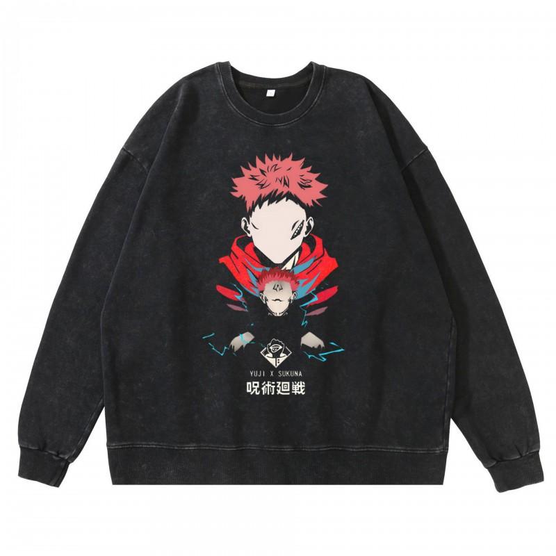 Vintage Washed Dark Anime Print Streetwear Hoodie Men - Retro Urban Sweatshirt With Cotton Lining