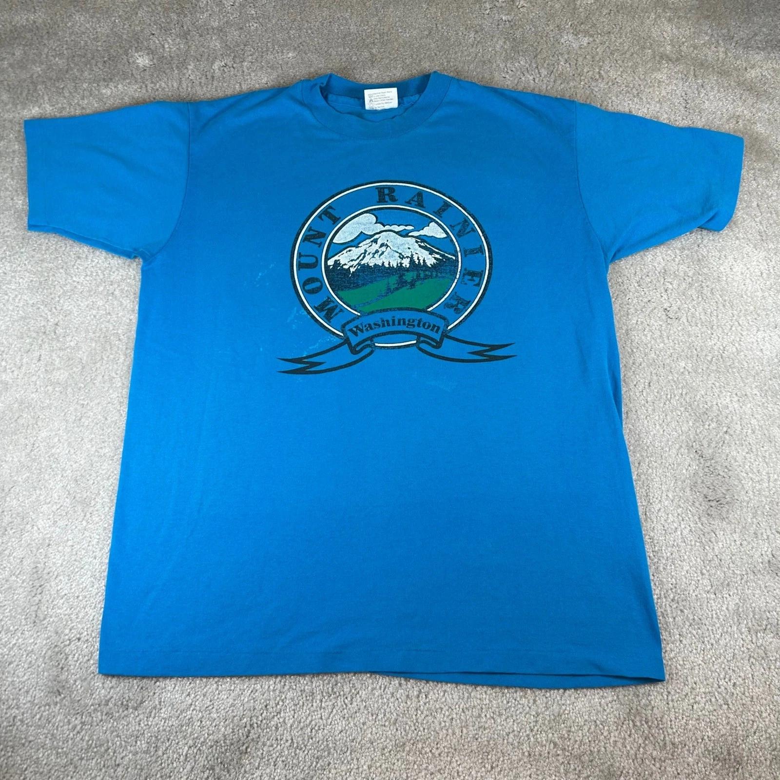

Vintage 80s Hanes Fifty-Fifty Mount Rainier Washington T-shirt Blue Men s Large 4XL