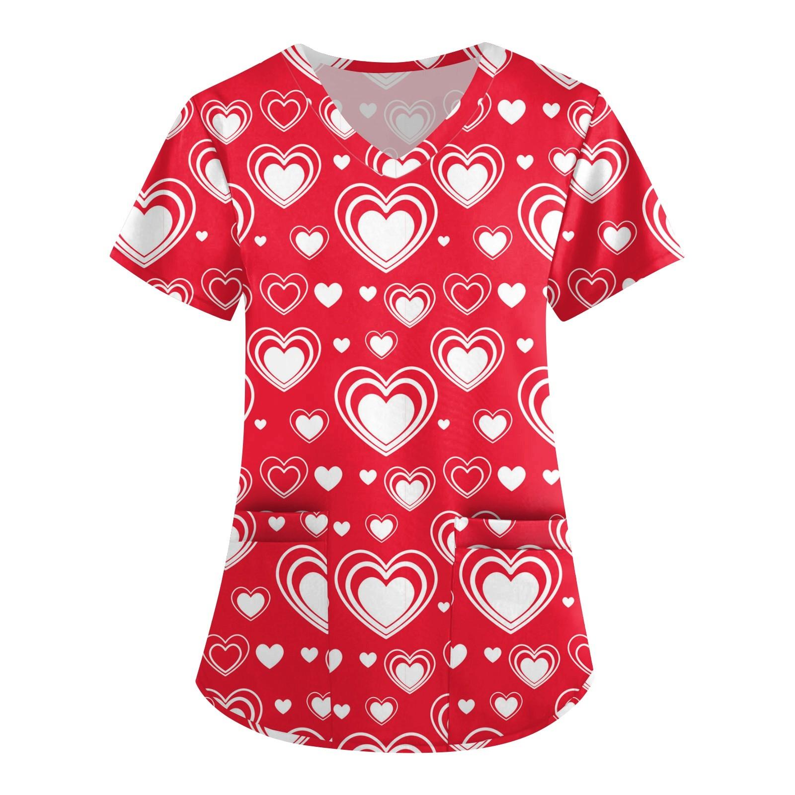 

Женская симпатичная принтованная рабочая одежда с V-образным вырезом, двухслойными карманами, базовым коротким рукавом, пуловером ко Дню святого Валентина XXL красный