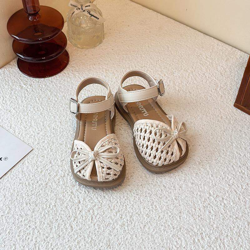 Korean Style Woven Princess Closed-Toe Girls  Sandals 2026 - Soft Sole Summer Fashion Shoes 22 бежевый