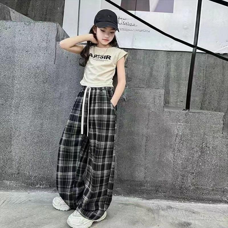 Kinder Baumwolle Frühling Herbst Karohose für Teenager Mädchen Lässig Locker Gerade Kordelzug Hose Kindermode Jogginghose